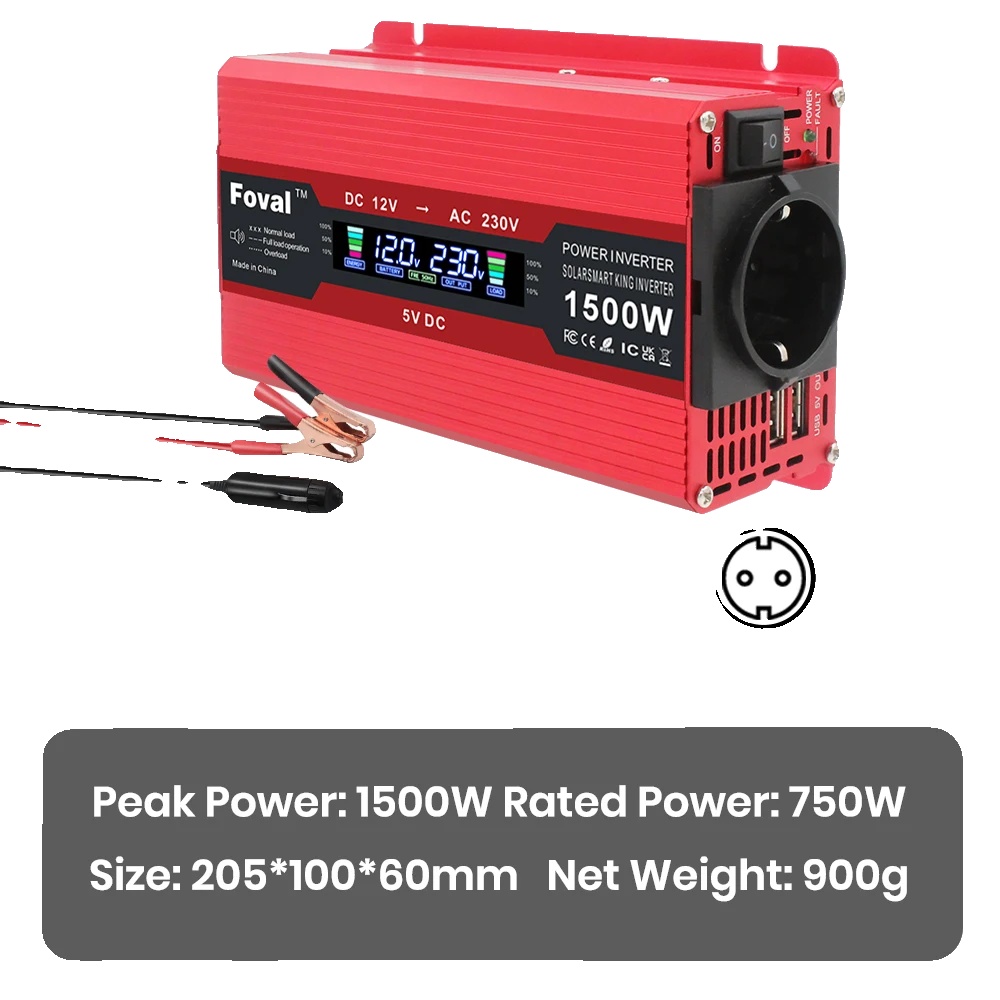 Wechselrichter, Modifizierte Sinuswelle, Zwei Usb-anschlüsse, 1500 W, 12 V, Rot