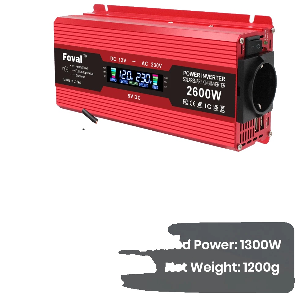 Wechselrichter, Modifizierte Sinuswelle, Zwei Usb-anschlüsse, 2600 W, 12 V, Rot