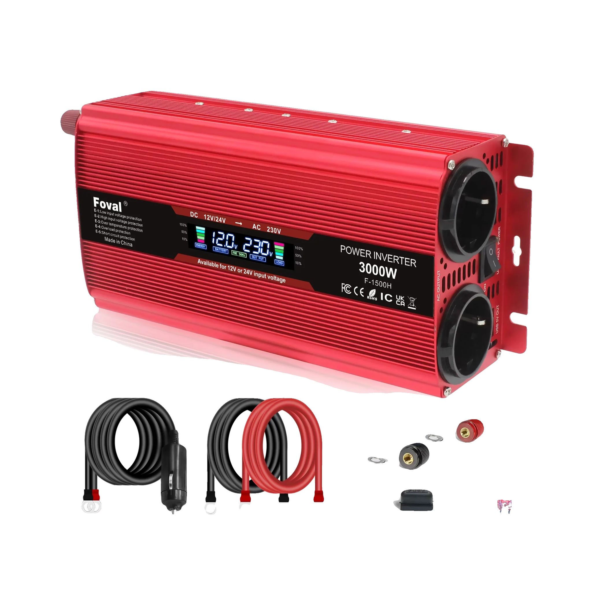 Wechselrichter, Modifizierte Sinuswelle, Zwei Usb-anschlüsse, 3000 W, 12 V/24 V, Rot