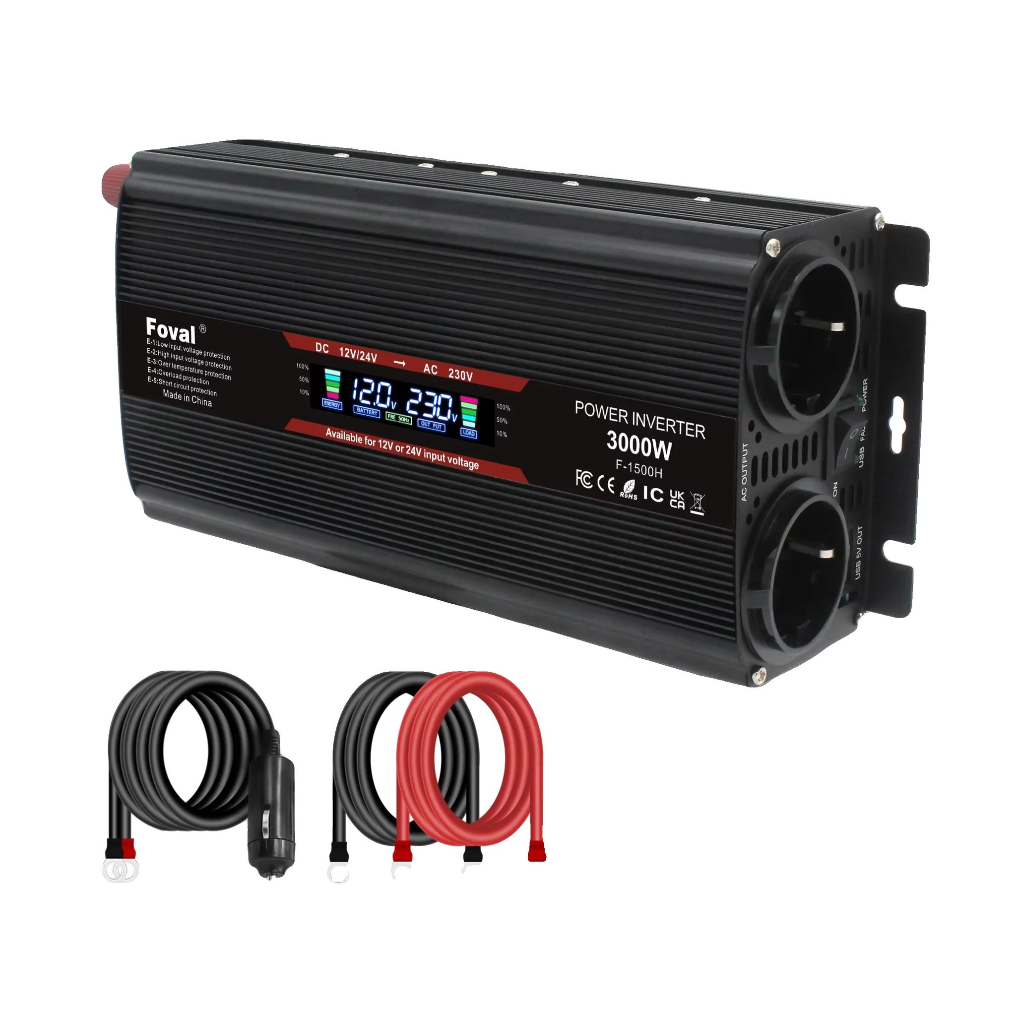 Wechselrichter, Modifizierte Sinuswelle, Zwei Usb-anschlüsse, 3000 W, 12 V/24 V, Schwarz