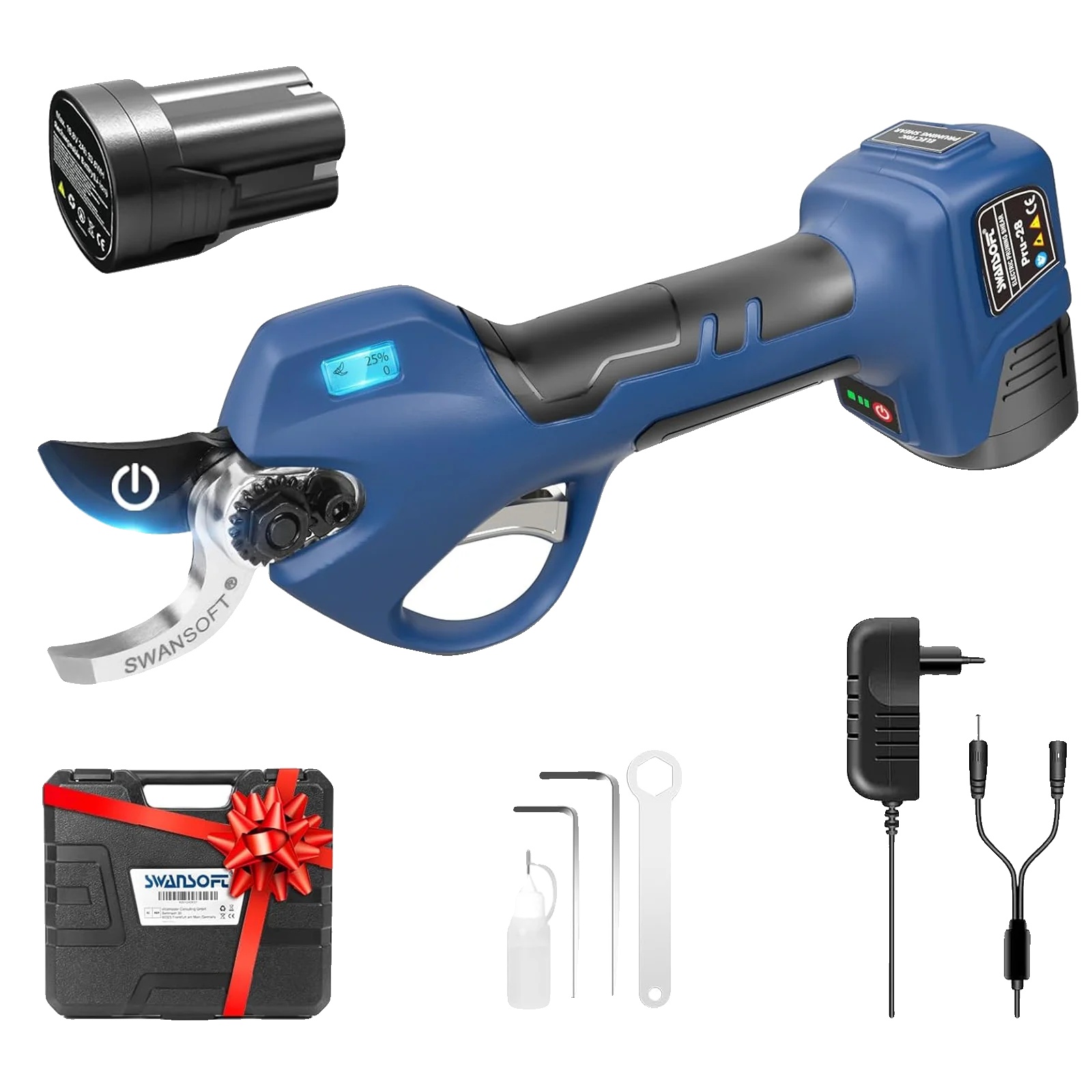 Elektrische Gartenschere, Bürstenloser Motor, 28 Mm Schnittbreite, Blau, Zwei Akkus