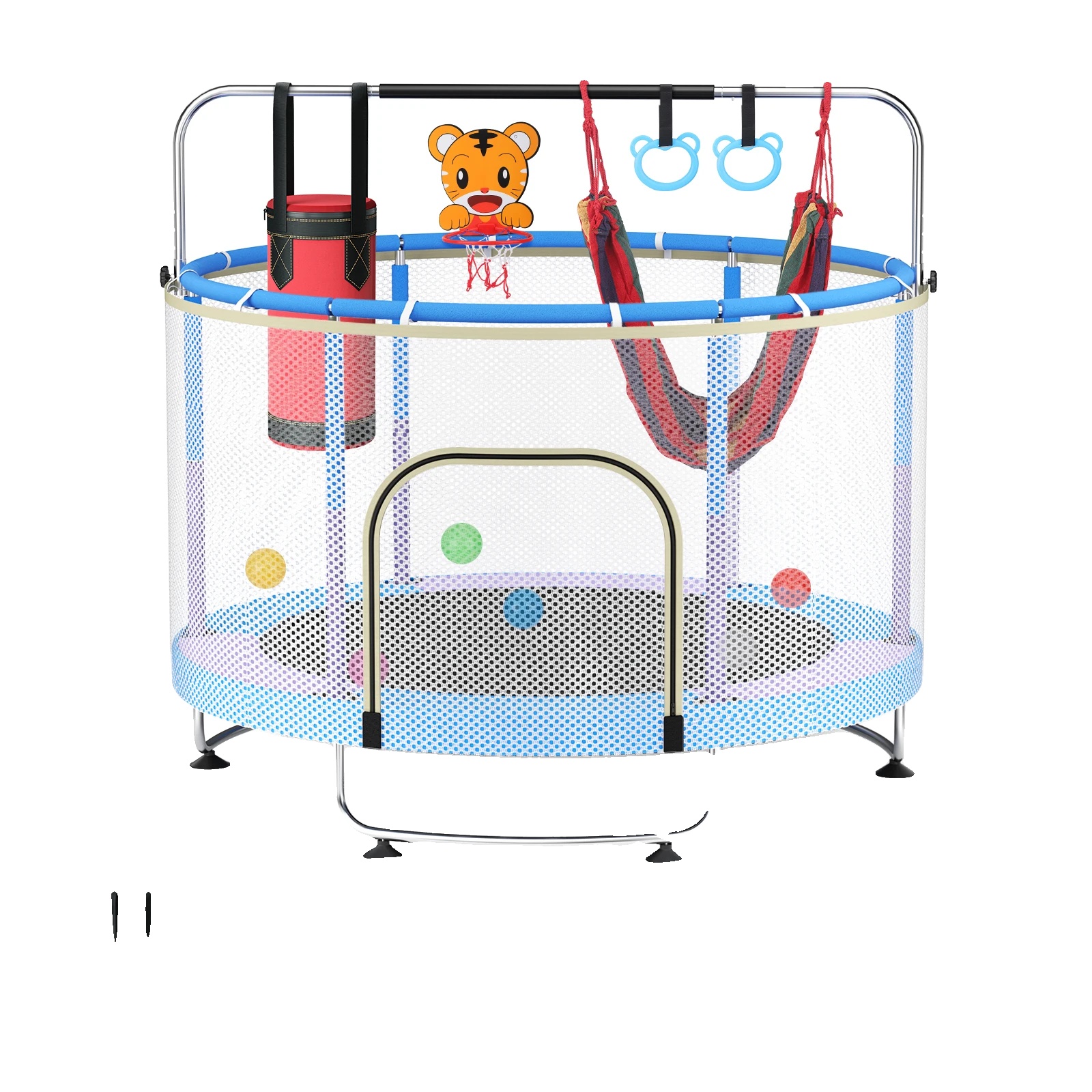 Trampolin, Verstellbare Stange, Sicherheitsnetz, Blau