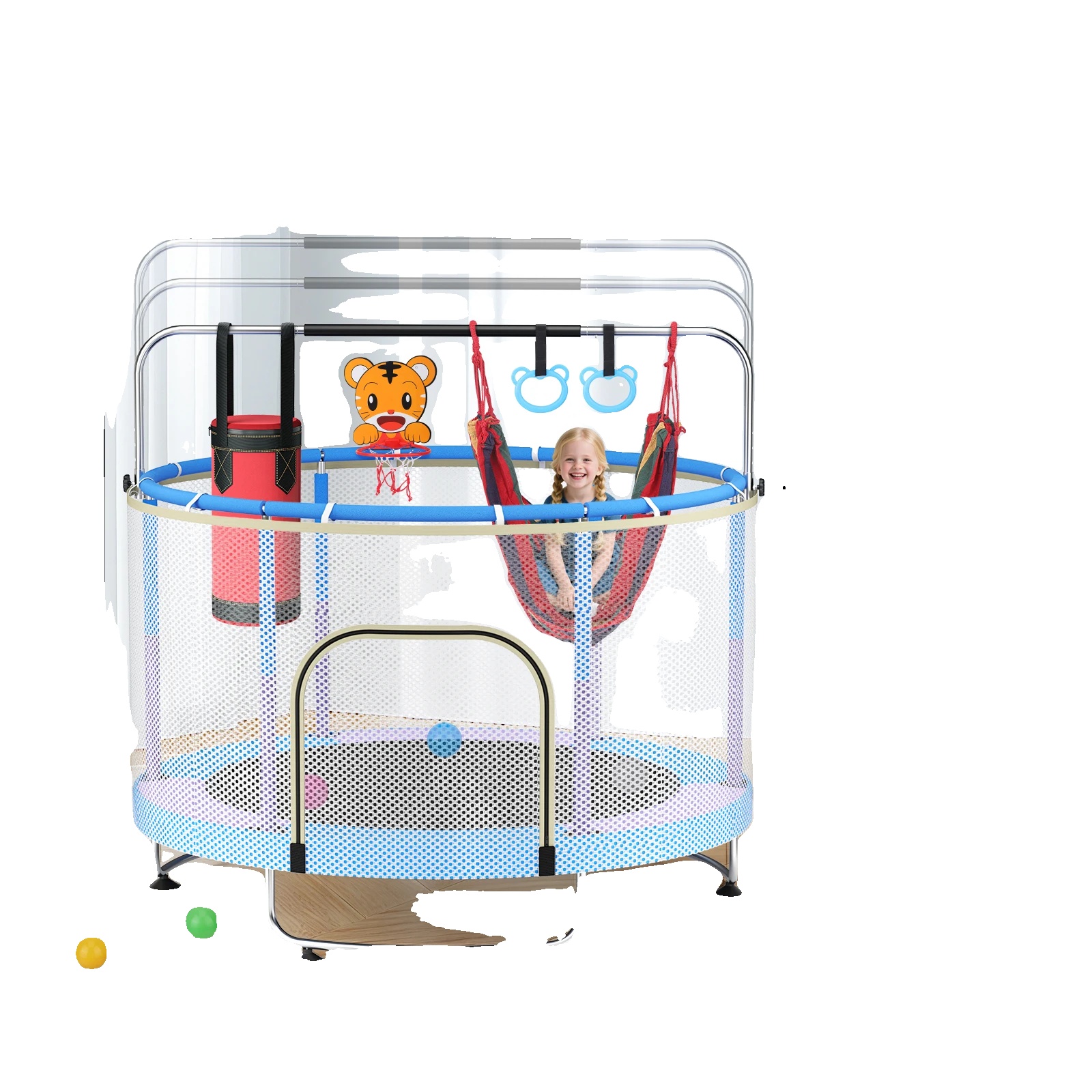 Kindertrampolin, Verstellbare Stange, Diverses Zubehör, Blau