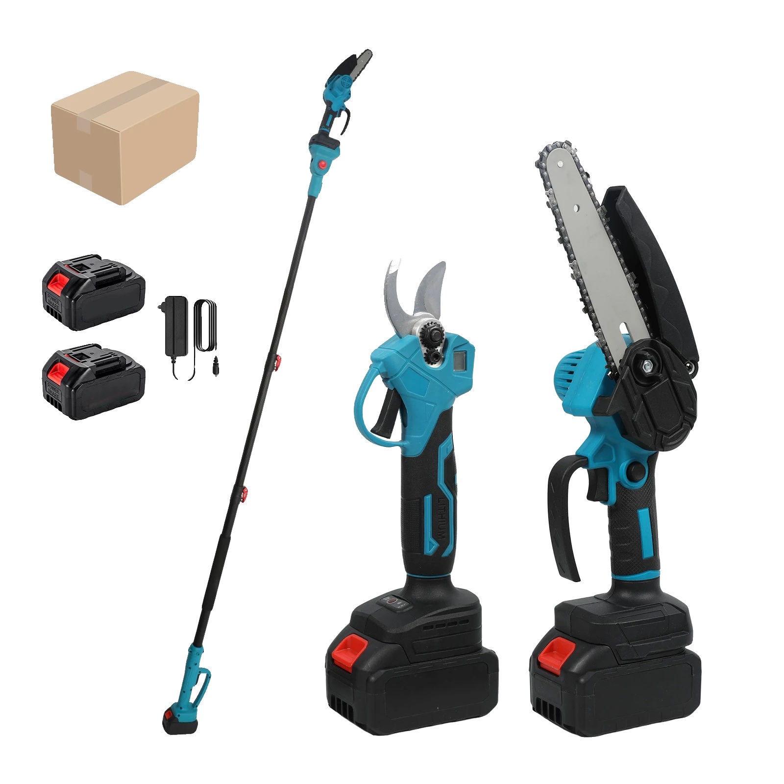 Teleskop-gartenschere, 3-in-1-elektro-gartenschere, 15-cm-kettensäge, 2 Akkusätze