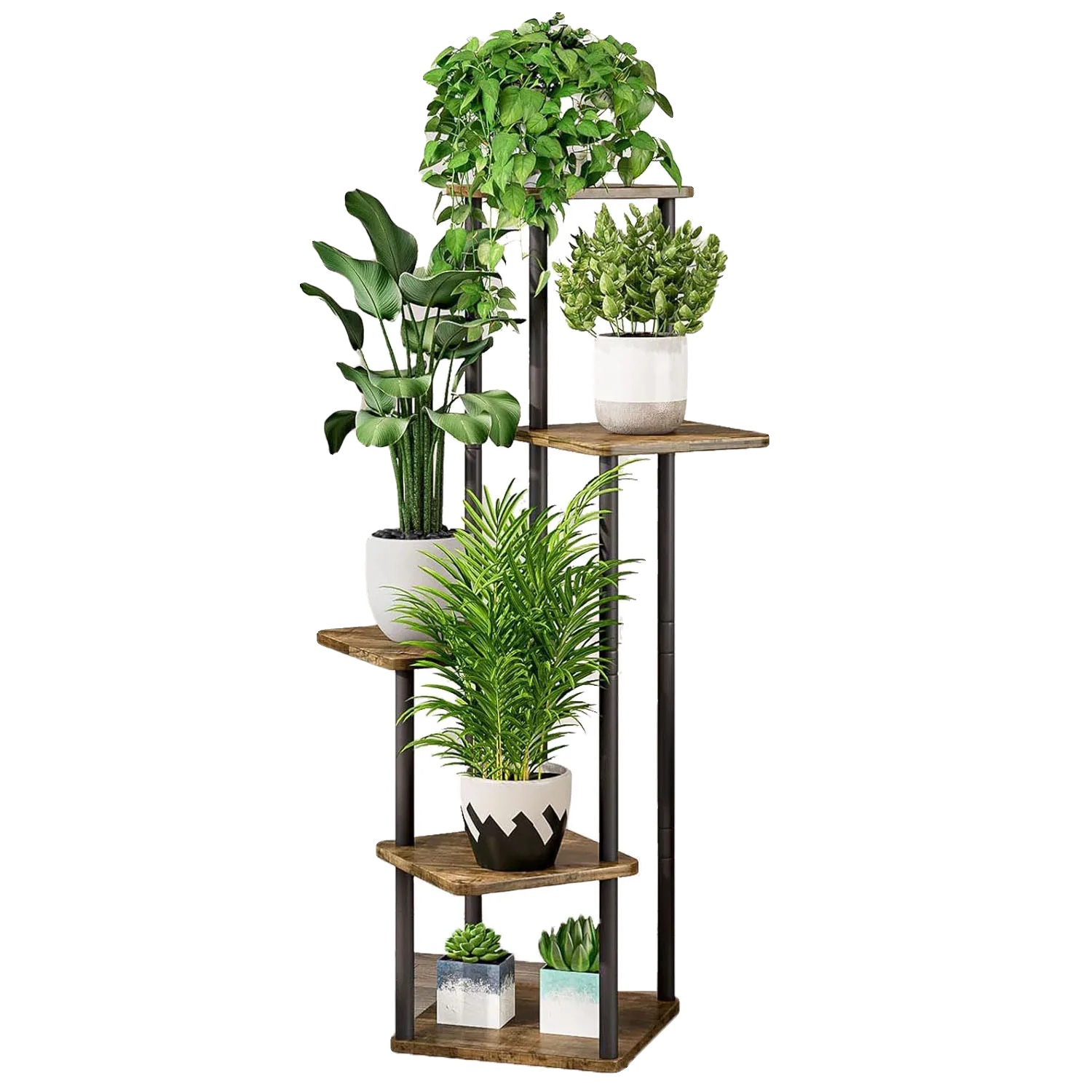 Pflanzenständer, Mehrstufiges Design, Robuste Metallkonstruktion, 5-stöckig, Metall + Holz