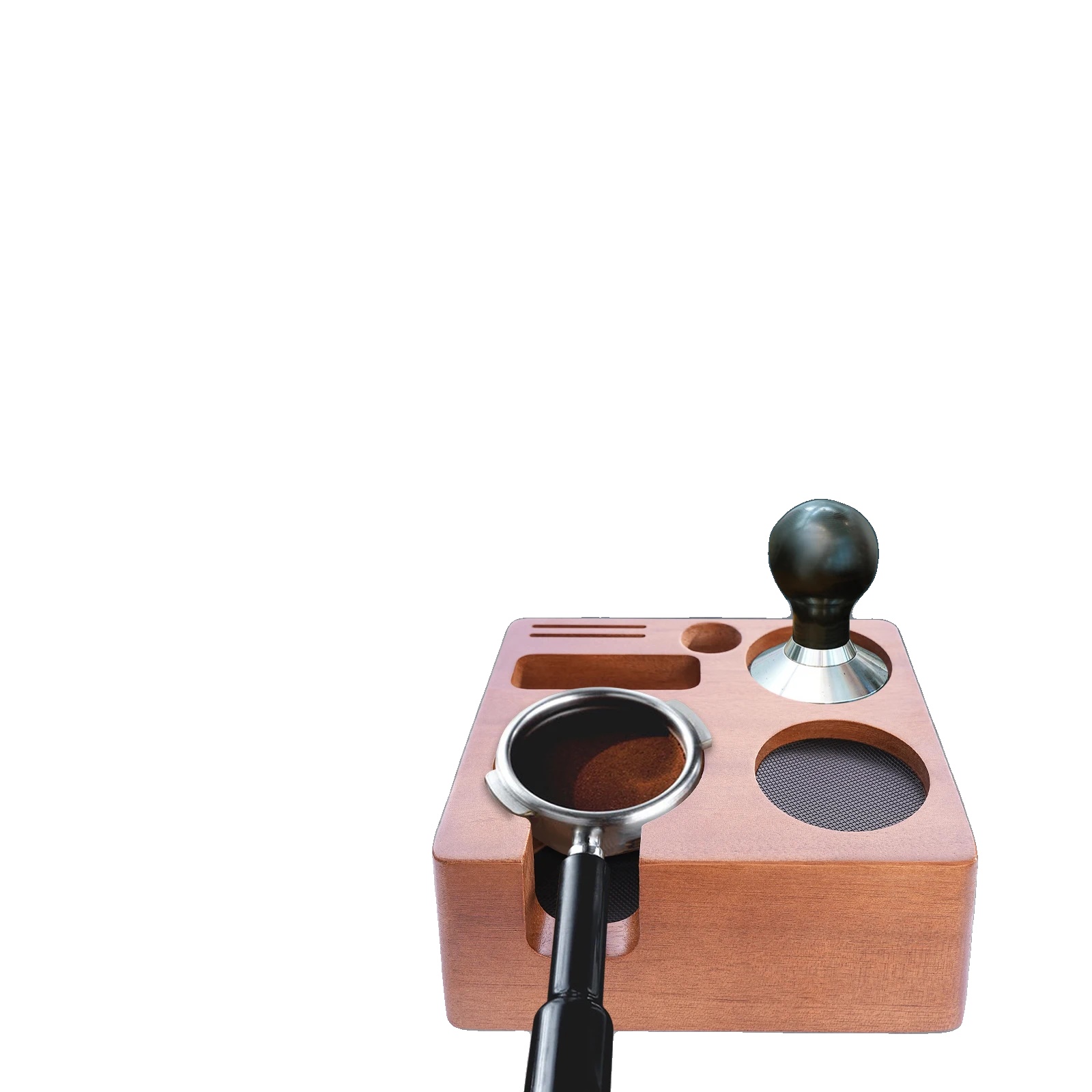Espresso-tampingstation, Akazienholz, 58-mm-kompatibilität, Abmessungen 17 Cm X 15 Cm X 7,2 Cm, Nettogewicht 0,9 Kg, Schlitzgrößen 60 Mm – 74 Mm
