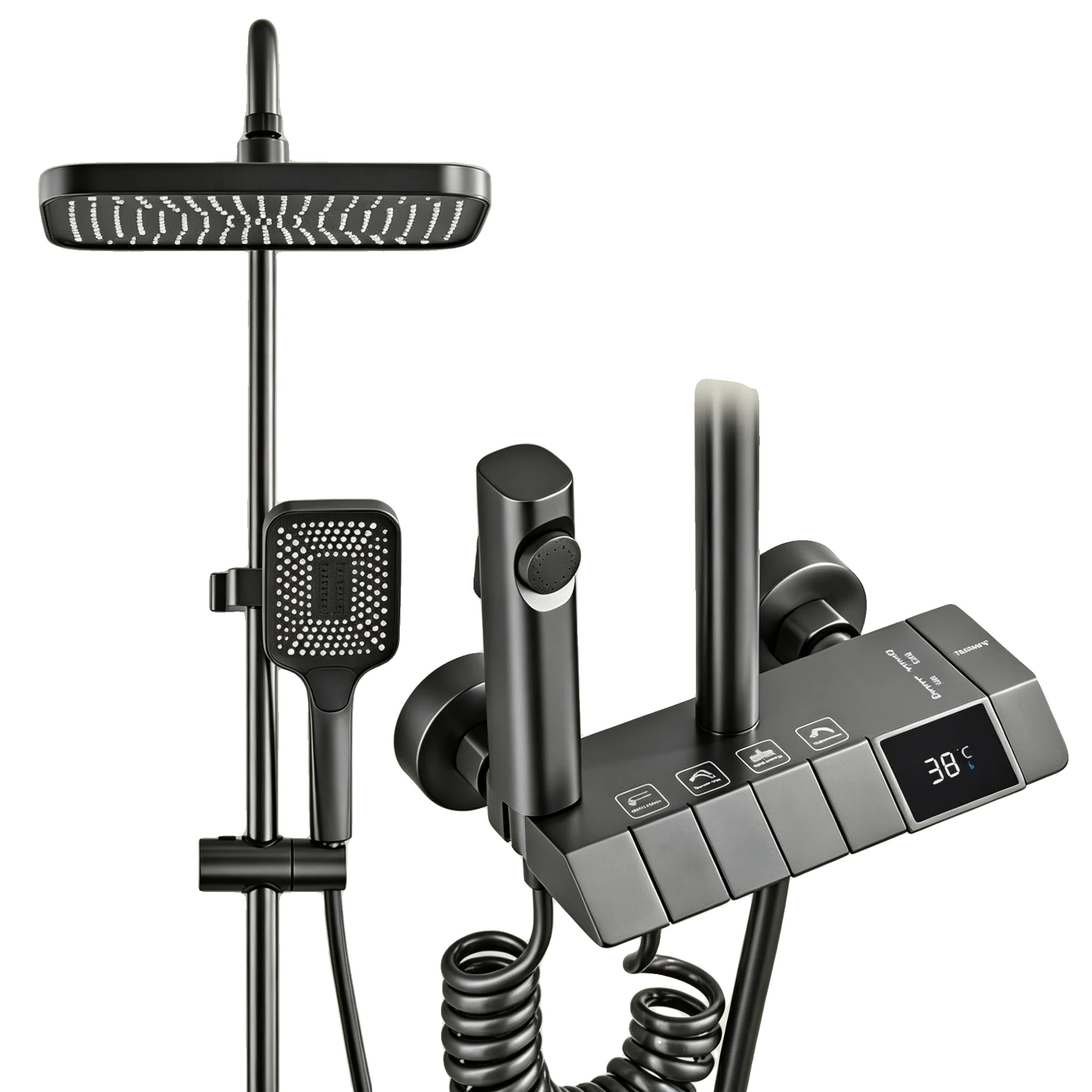Wandmontiertes Duschsystem, Digitalanzeige, 4 Funktionen, Dunkelgrau