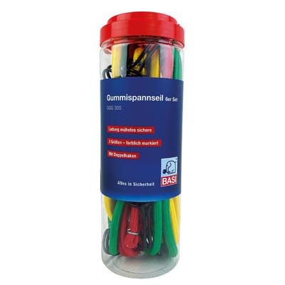 BASI - Gummispannseil 6er Set - GSS 305 - mit Doppelhaken - Länge je 2x 600mm/800mm/1000 mm - Zurrkraft 40 kg - 0004-0305