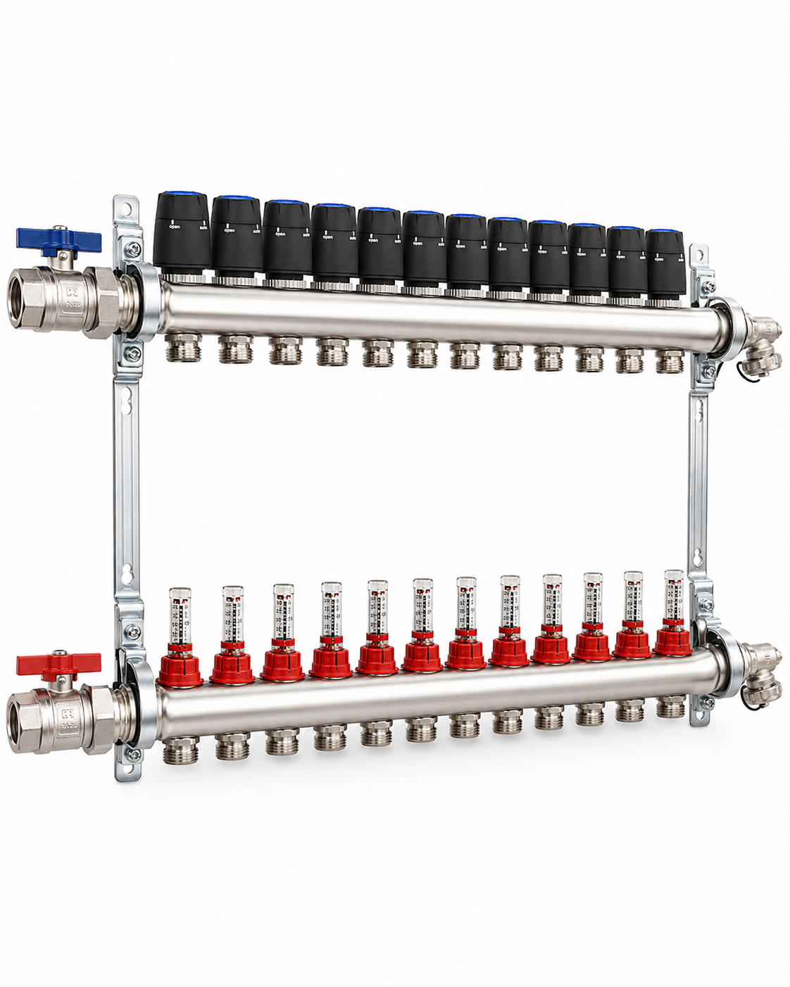 Badfabrik24 Eco Heizkreisverteiler Edelstahl Für 12 Heizkreise Mit 12 Stück Strawa Strawatherm Stellantrieb 230 V Stromlos Geschlossen