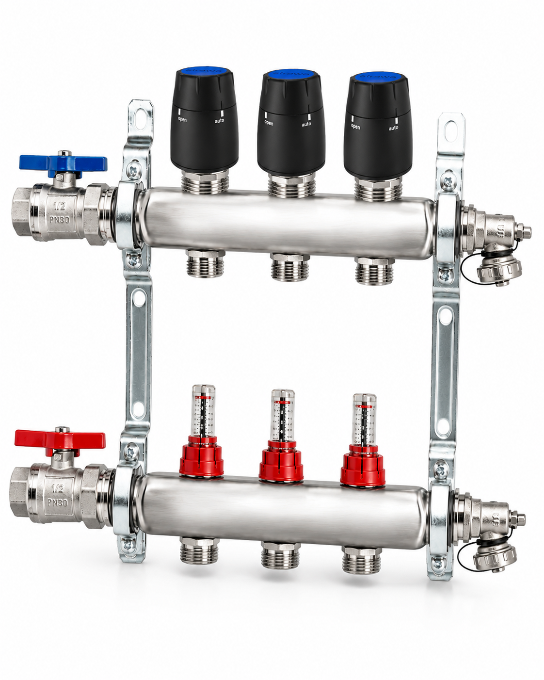 Badfabrik24 Eco Heizkreisverteiler Edelstahl Für 3 Heizkreise Mit 3 Stück Strawa Strawatherm Stellantrieb 230 V Stromlos Geschlossen