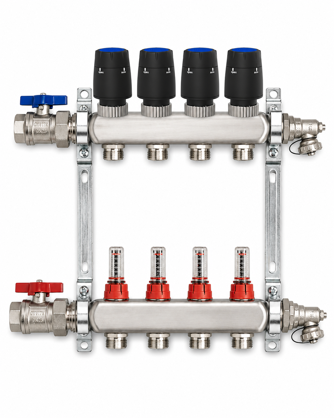 Badfabrik24 Eco Heizkreisverteiler Edelstahl Für 4 Heizkreise Mit 4 Stück Strawa Strawatherm Stellantrieb 230 V Stromlos Geschlossen
