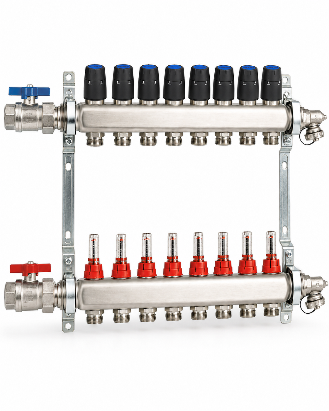 Badfabrik24 Eco Heizkreisverteiler Edelstahl Für 8 Heizkreise Mit 8 Stück Strawa Strawatherm Stellantrieb 230 V Stromlos Geschlossen
