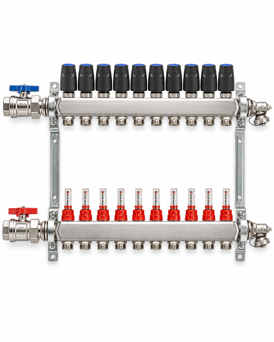 Badfabrik24 Eco Heizkreisverteiler Edelstahl Für 10 Heizkreise Mit 10 Stück Strawa Strawatherm Stellantrieb 230 V Stromlos Geschlossen