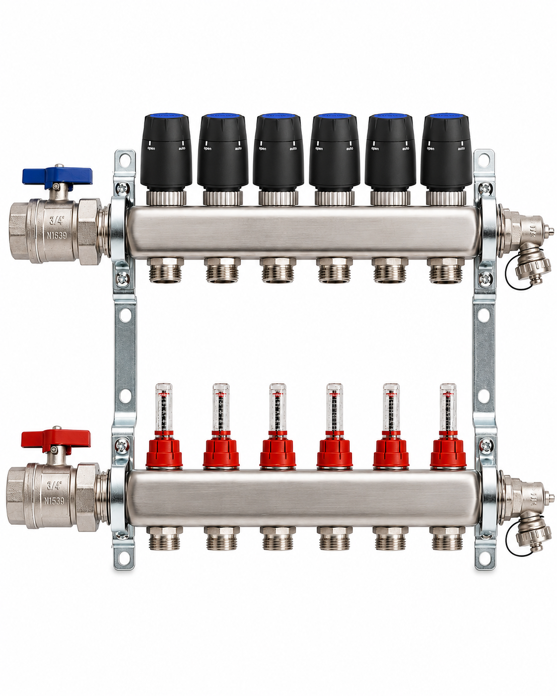 Badfabrik24 Eco Heizkreisverteiler Edelstahl Für 6 Heizkreise Mit 6 Stück Strawa Strawatherm Stellantrieb 230 V Stromlos Geschlossen