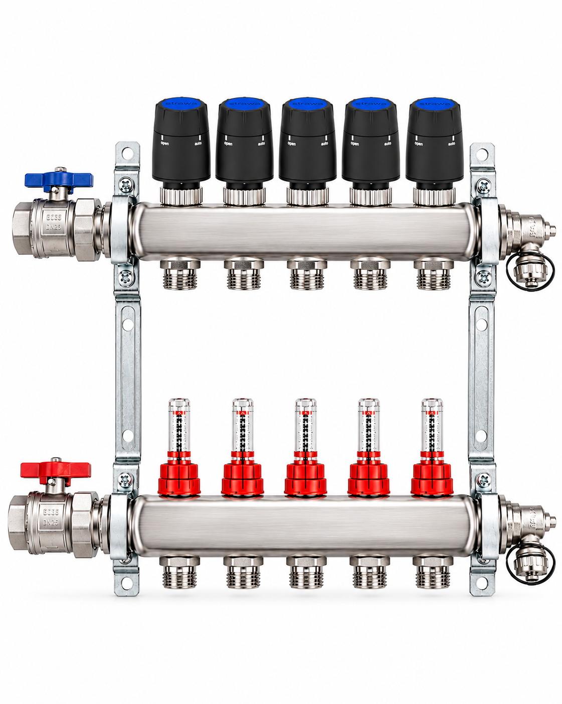 Badfabrik24 Eco Heizkreisverteiler Edelstahl Für 5 Heizkreise Mit 5 Stück Strawa Strawatherm Stellantrieb 230 V Stromlos Geschlossen