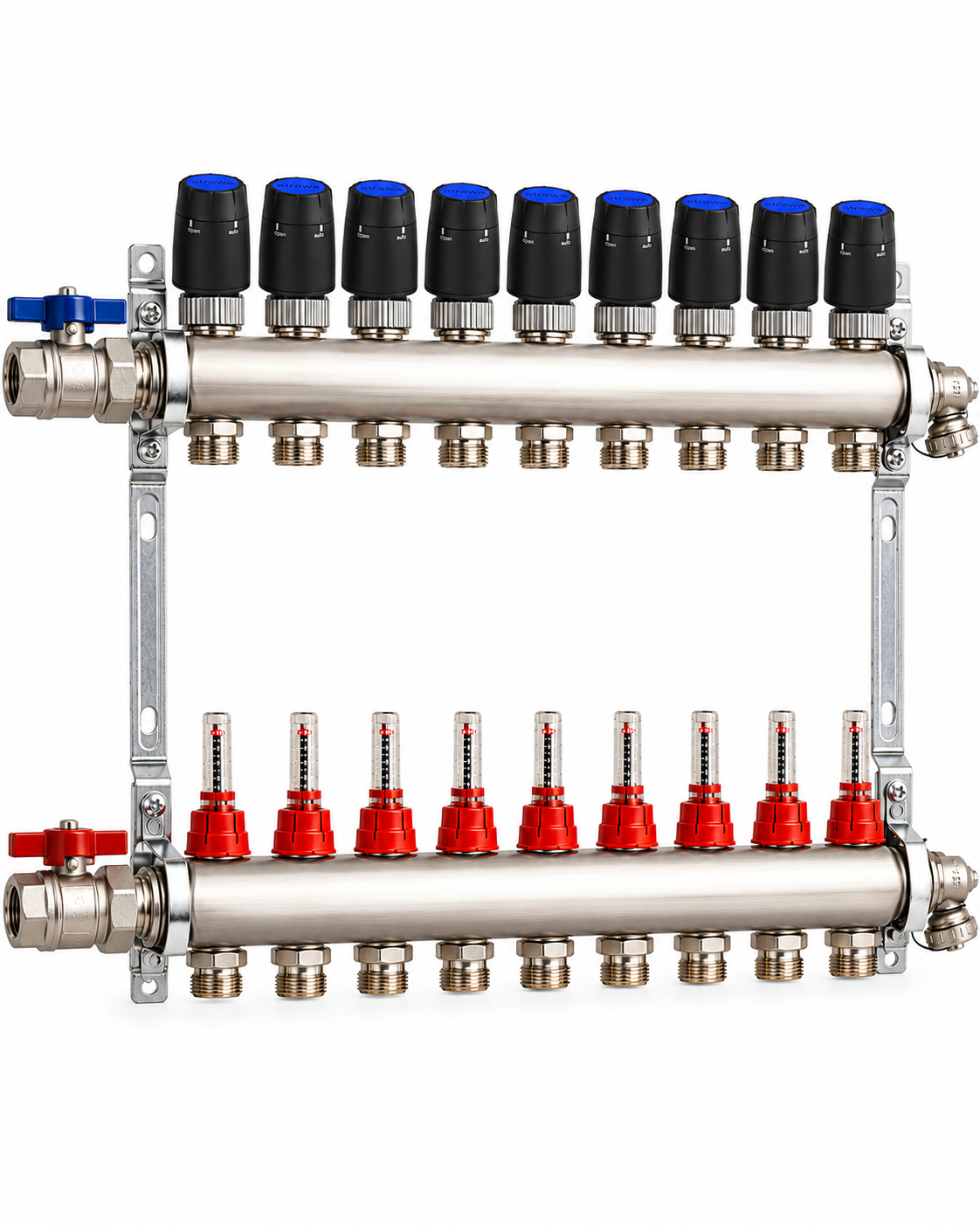 Badfabrik24 Eco Heizkreisverteiler Edelstahl Für 9 Heizkreise Mit 9 Stück Strawa Strawatherm Stellantrieb 230 V Stromlos Geschlossen