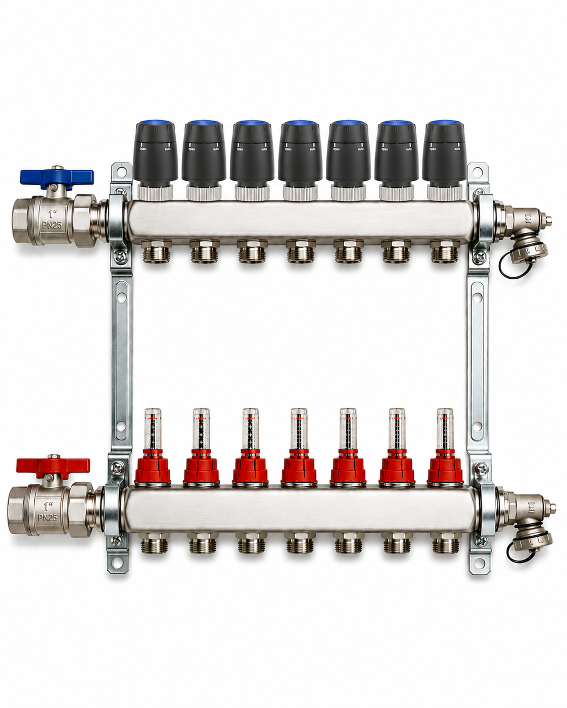 Badfabrik24 Eco Heizkreisverteiler Edelstahl Für 7 Heizkreise Mit 7 Stück Strawa Strawatherm Stellantrieb 230 V Stromlos Geschlossen