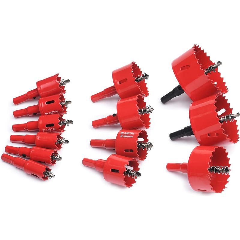 Bimetall-lochsäge, 13-teiliges Set (18–75 Mm), Inklusive Sechskantadapter Und Zentrierbohrer, Zum Bohren Von Kunststoff, Pvc, Holz, Faserplatten Und Weichmetallen