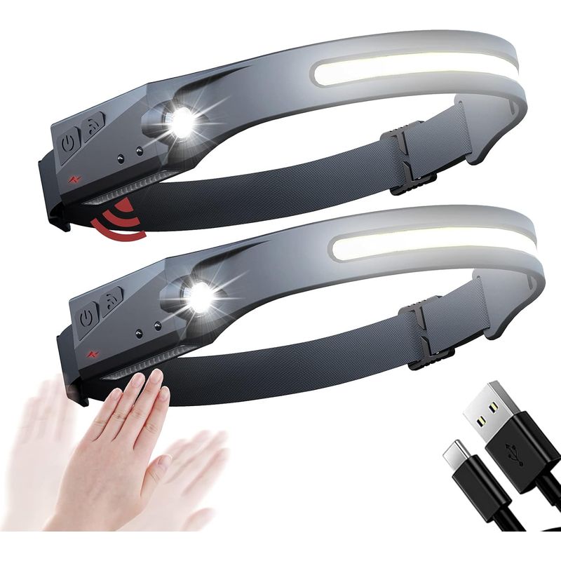 Wiederaufladbare Cob-stirnlampe Mit 1200-mah-akku Und Led-licht, Superhelle Xpe-stirnlampe, 5-fach Verstellbar, 70 G, Wasserdicht Nach Ipx4 (x2)