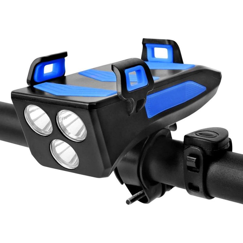 Fahrradlicht, 4-in-1 Usb-wiederaufladbares Wasserdichtes Fahrradlicht, Frontlicht Mit Hupe Und Halterung Für Mobiltelefon Und 4000 Mah Powerbank, Für Mountainbikes Und Hybridräder (blau)