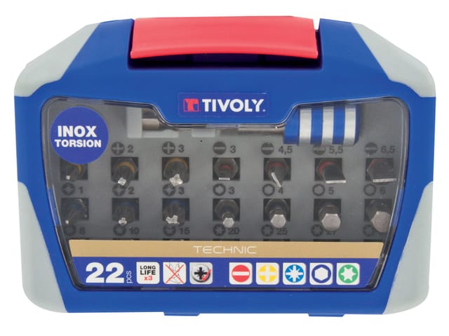 Tivoly • Box mit 22-teiligen Torsion-Schraubendreherbits aus Edelstahl • 21 Schraubendreherbits + 1 magnetischer Schnellwechsel-Bithalter •