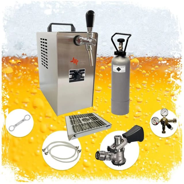 Komplett Set - Zapfanlage, Bierzapfanlage, Bierkoffer, Durchlaufkühler JET 30, 1-leitig, 35 Liter/h, mit 5 Liter Adapter Trockenkühler, Green Line,