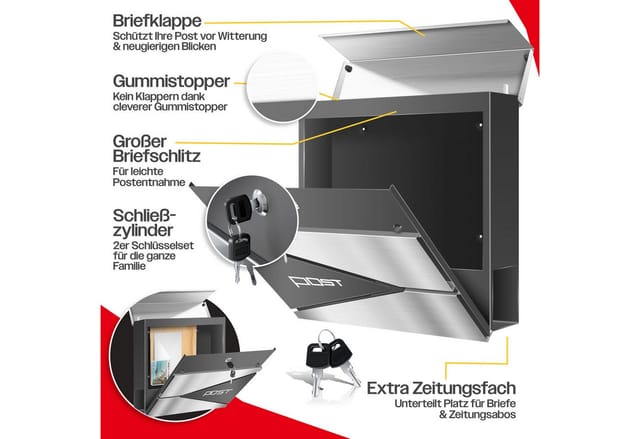 KESSER® Briefkasten mit Zeitungsfach Wandmontage Wandbriefkasten Edelstahl 2x Schlüssel abschließbar Moderner Postkasten Zeitungsrolle inkl.