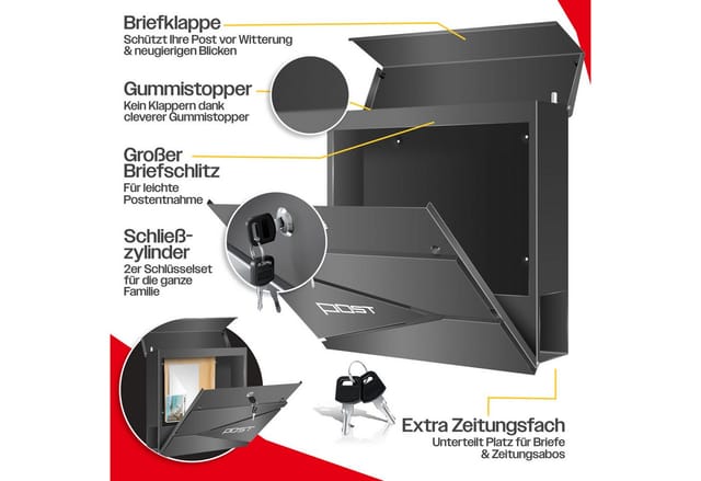 Briefkasten mit Zeitungsfach Wandmontage Wandbriefkasten Edelstahl 2x Schlüssel abschließbar Moderner Postkasten Zeitungsrolle inkl. Montagematerial