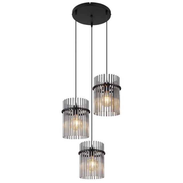 Hängeleuchte Pendellampe Esszimmerleuchte Wohnzimmerlampe Deckenleuchte, Metall Glasstäbe Schwarz Rauchfarben, 3 Flammig E27, H 140 Cm
