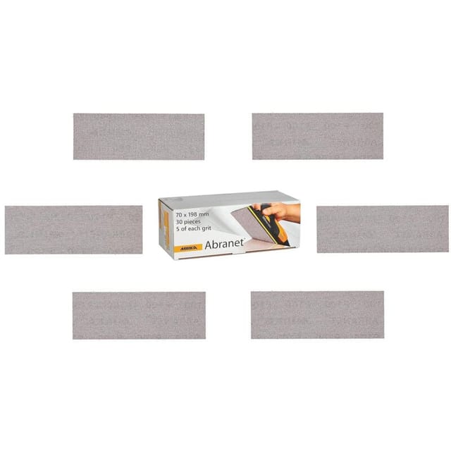 Abranet Netzschleifstreifen 70mm x 198mm Klett / Mix-Pack 5 von jeder Körnung 80, 120, 180, 240, 320, 400 / 30 Stk / zum Schleifen von Holz,