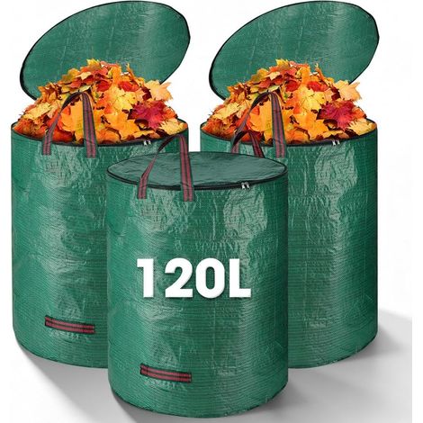 3er-pack Gartensäcke, 120 L, Faltbar Und Wiederverwendbar Mit Deckel Und Griffen, Wasserdicht, Faltbar Für Laub Und Gras