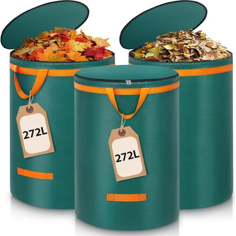 Set Mit 3 Robusten Und Langlebigen 272-liter-gartenabfallsäcken Mit Deckel Und Griffen. Großes Fassungsvermögen, Separate Aufbewahrung, Ideal Für Grünschnitt.