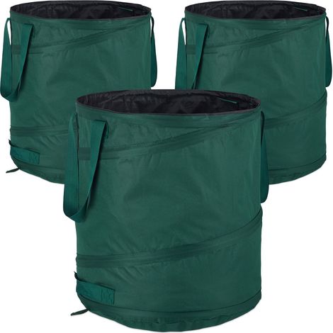 Relaxdays Freistehende Gartenabfallsäcke, 3er-pack, 60 L, Mit Griffen, Uv-beständig, Auslaufsicher, Grün