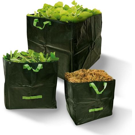 Set Mit 3 Quadratischen Gartensäcken (70/100/170 Liter) – Hochfestes, Geflochtenes Polyethylen – 2 Tragegriffe – Reno