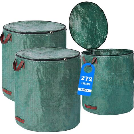 3er-set Gartenabfallsäcke Mit Deckel, 272 L – 4 Reißfeste Griffe, Wiederverwendbar Und Faltbar – Robuste Polypropylen-gartenabfallsäcke