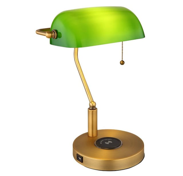 Led Schreibtischleuchte Bankerlampe Tischlampe altmessing Glas grün Leseleuchte, kabelloses Laden usb Anschluss, Zugschalter, 7W 806lm warmweiß, LxH