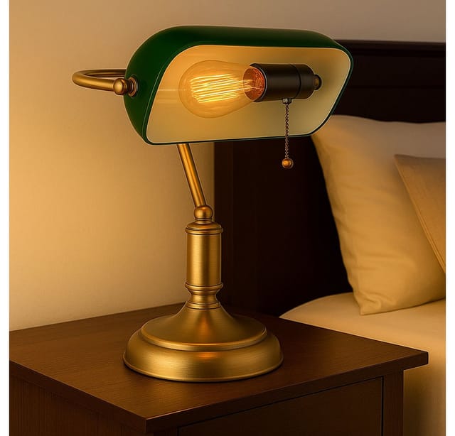 Schreibtischleuchte Bankerlampe Tischlampe altmessing Glas grün Leseleuchte, Schirm schwenkbar, Zugschalter, 1x E27 Fassung, LxH 26,5x36 cm