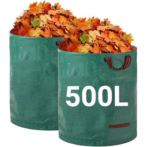 Zwei Robuste, Wiederverwendbare Gartensäcke Mit Griffen, Je 500 Liter, Aus Industriegewebe, Für Laub Und Abfälle.