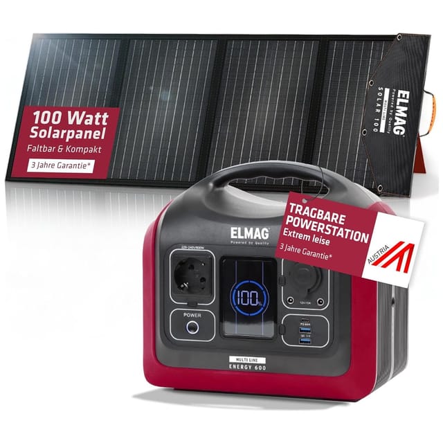 Tragbares Solargenerator-Set energy 600 + solar 100, 600W, LiFEPO4 Akku, 595Wh, 100Wp PV-Panel - Elmag