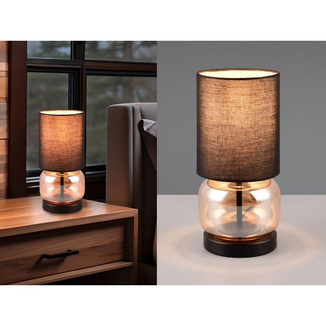 Meinewunschleuchte - led Tischleuchte mit Glasfuß Amber und Stoffschirm Schwarz, Höhe 28cm