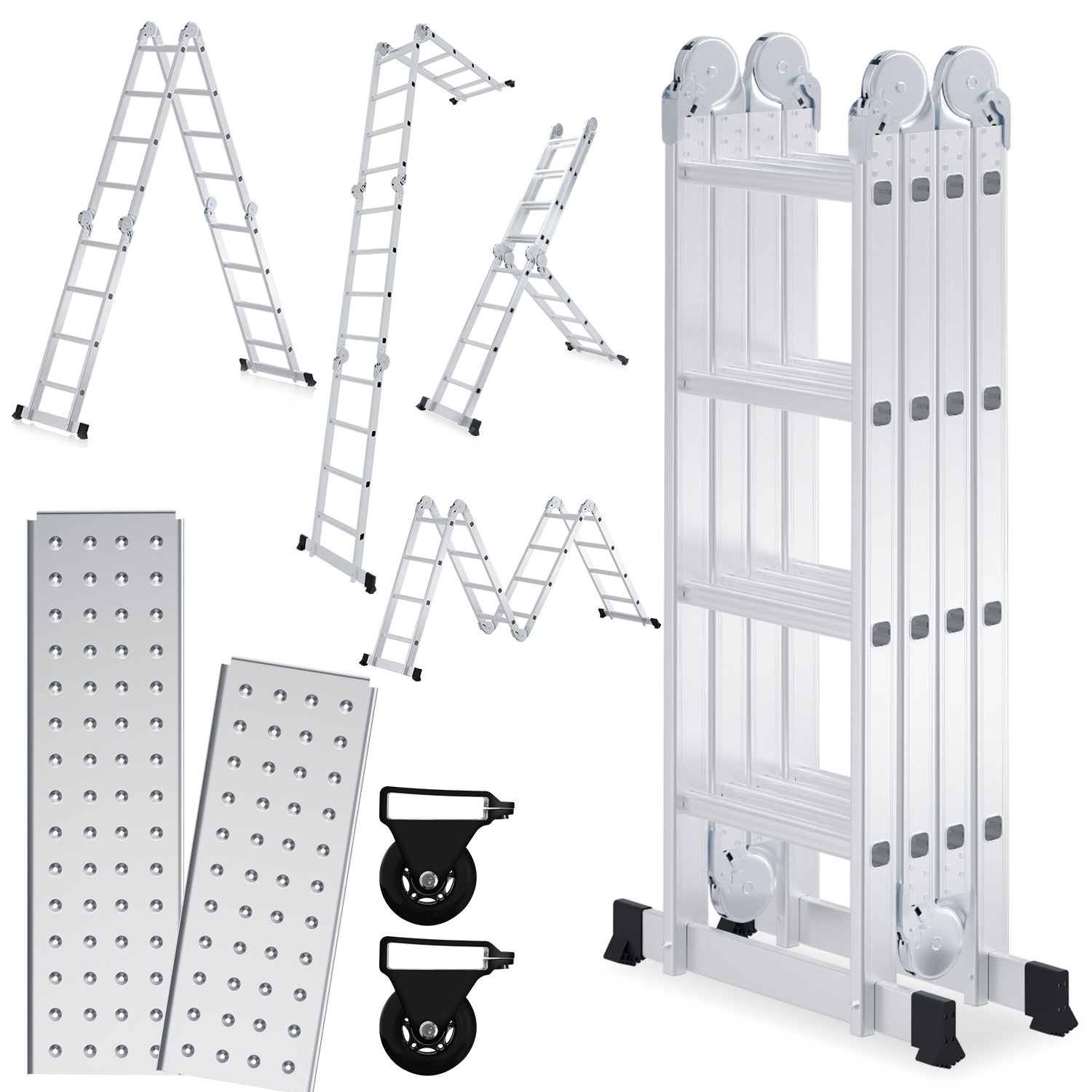 Randaco Mehrzweckleiter 7in1 Aluminium 4x4 Stufen, Ca. 470cm / 4.7m, Gelenkleiter Klappleiter Mit 2 Plattformen + 2 Rollen, Max. Belastbarkeit 150 Kg