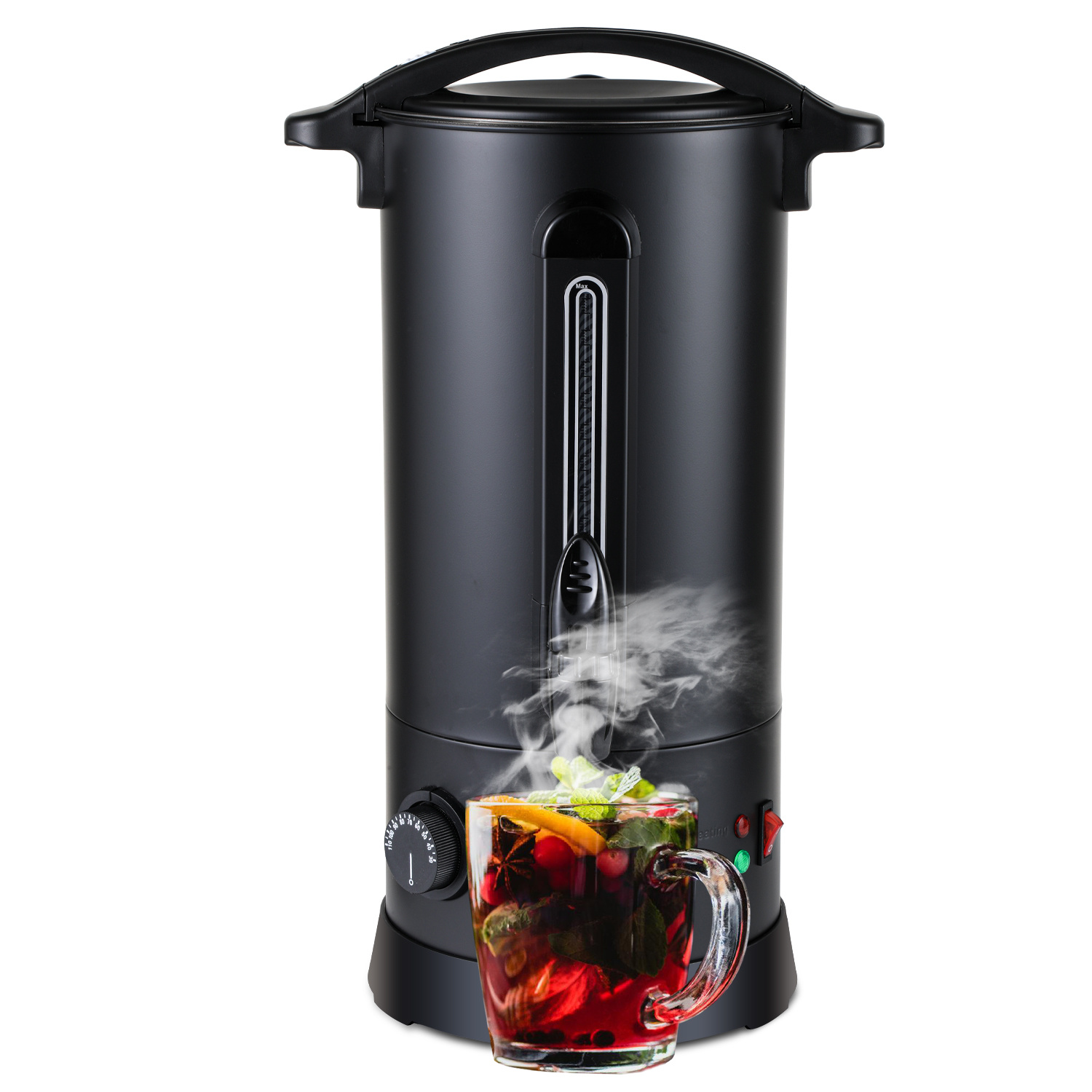 Randaco Glühweinkocher 10 L, 1500 W, Edelstahl-heißgetränkespender, 30–95 °c, Zapfhahn, Sichtfenster, Schwarz