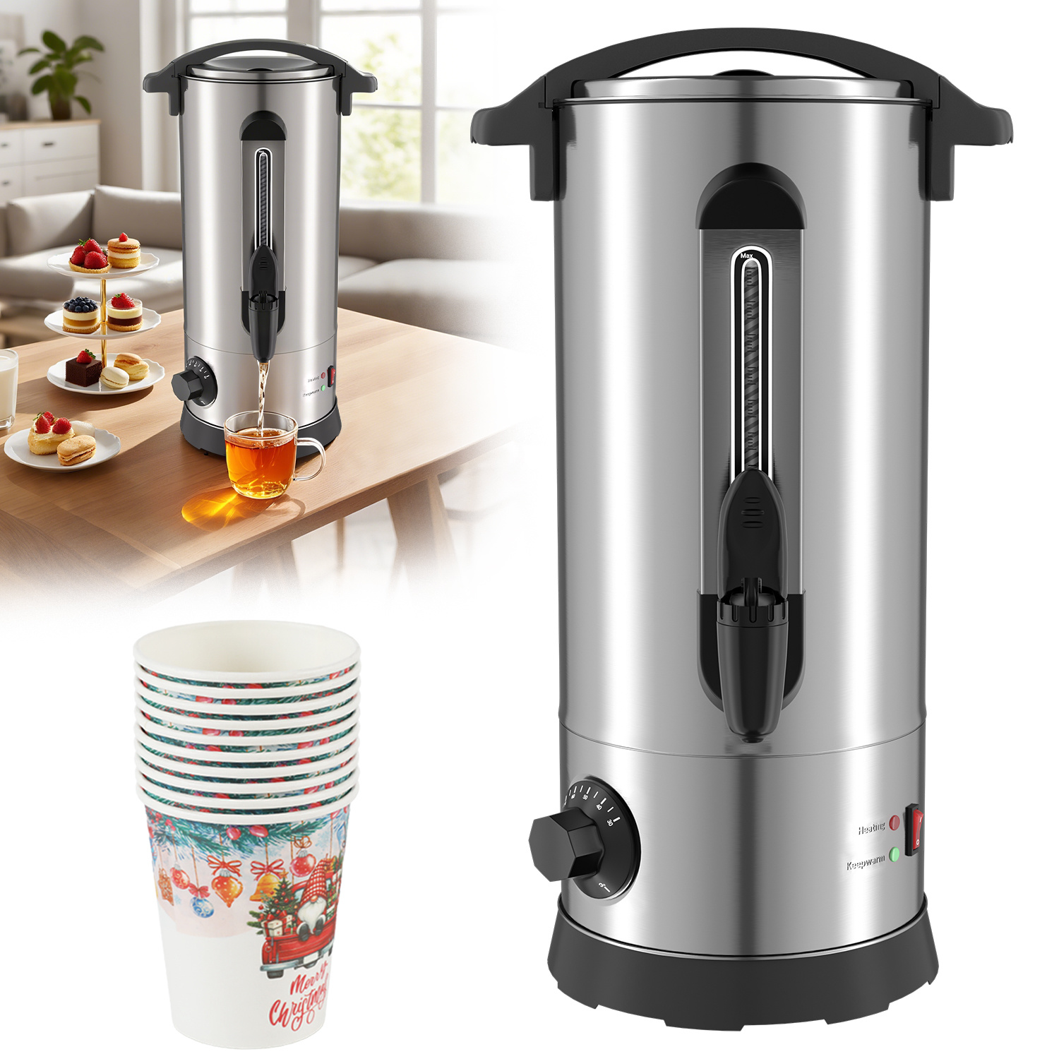 Randaco Distributeur De Boissons Chaudes 10 L, 1500 W, Inox Noir, Thermostat 30–95 °c, Robinet Et Indicateur De Niveau