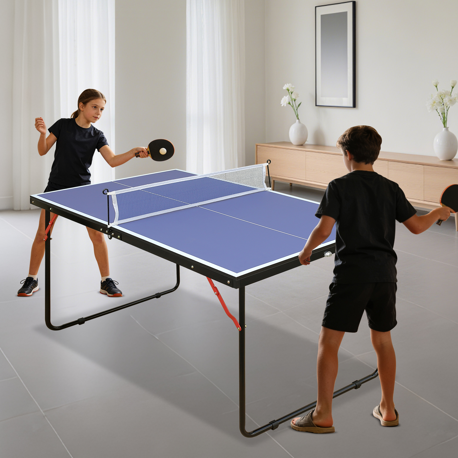 Tischtennisplatte 85x76.5x10 Cm, Klappbar, Vormontiert, Mit Netz Und Schlägern, Mdf, Blau
