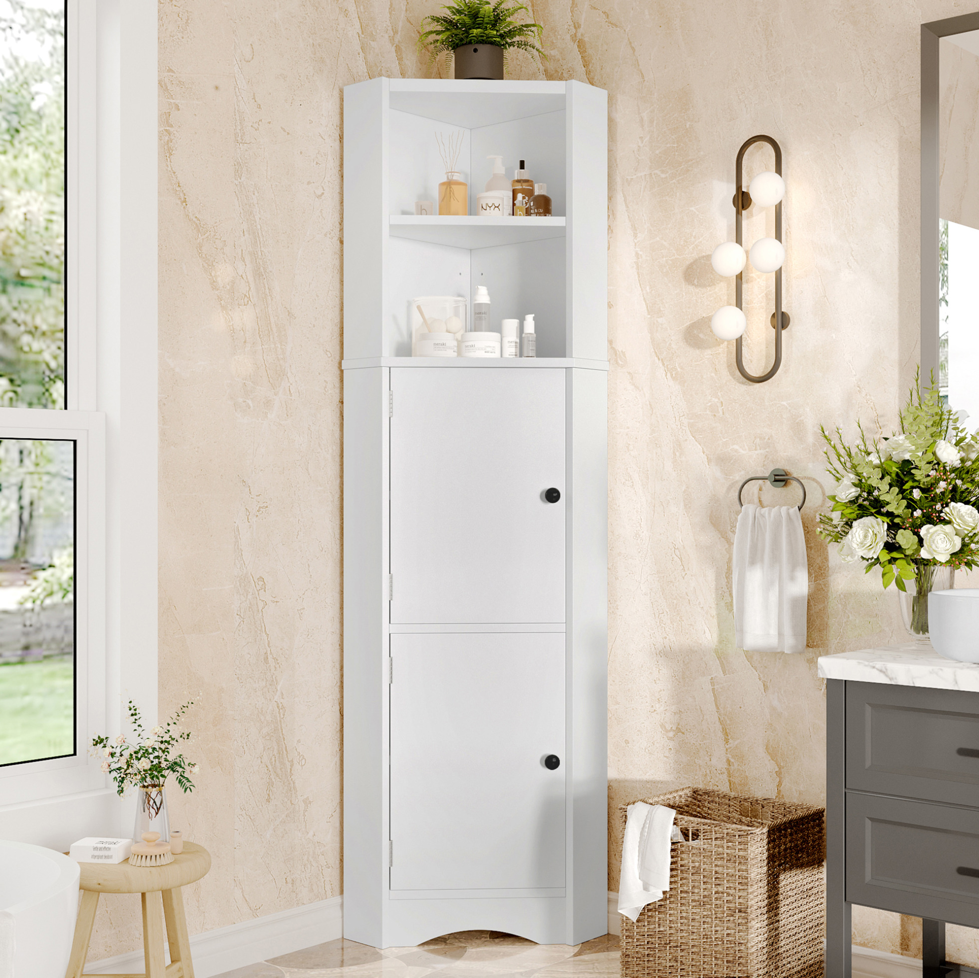 Badezimmerschrank 51.7x32x155.4 Cm, Dreieckiges Eckdesign, Verstellbare Einlegeböden, Mdf, Weiß