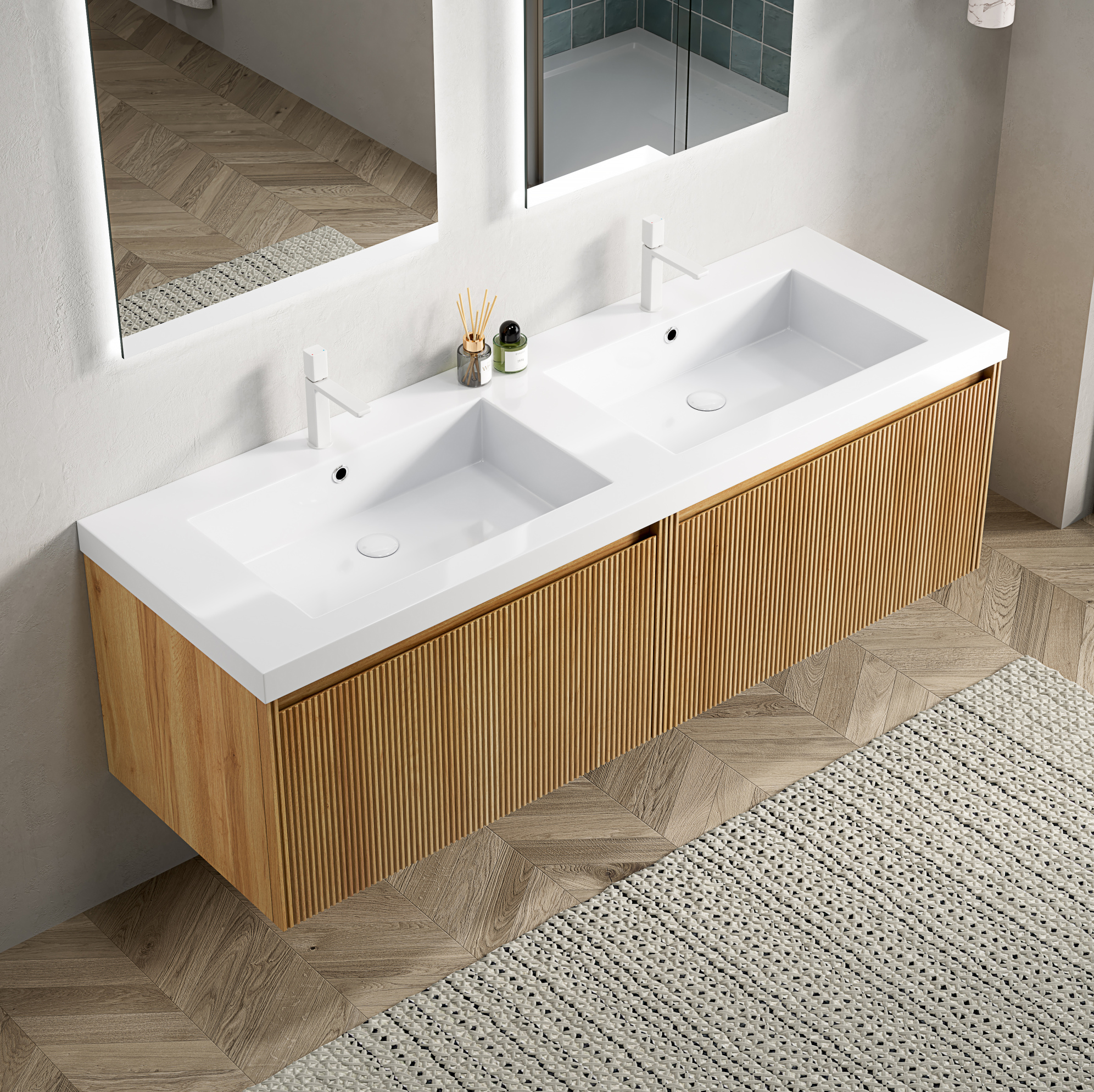 Badezimmer-waschtisch Mit Integriertem Rechteckigem Resin-becken, Led-soft-close-schubladen, Eichenoptik, Weiß