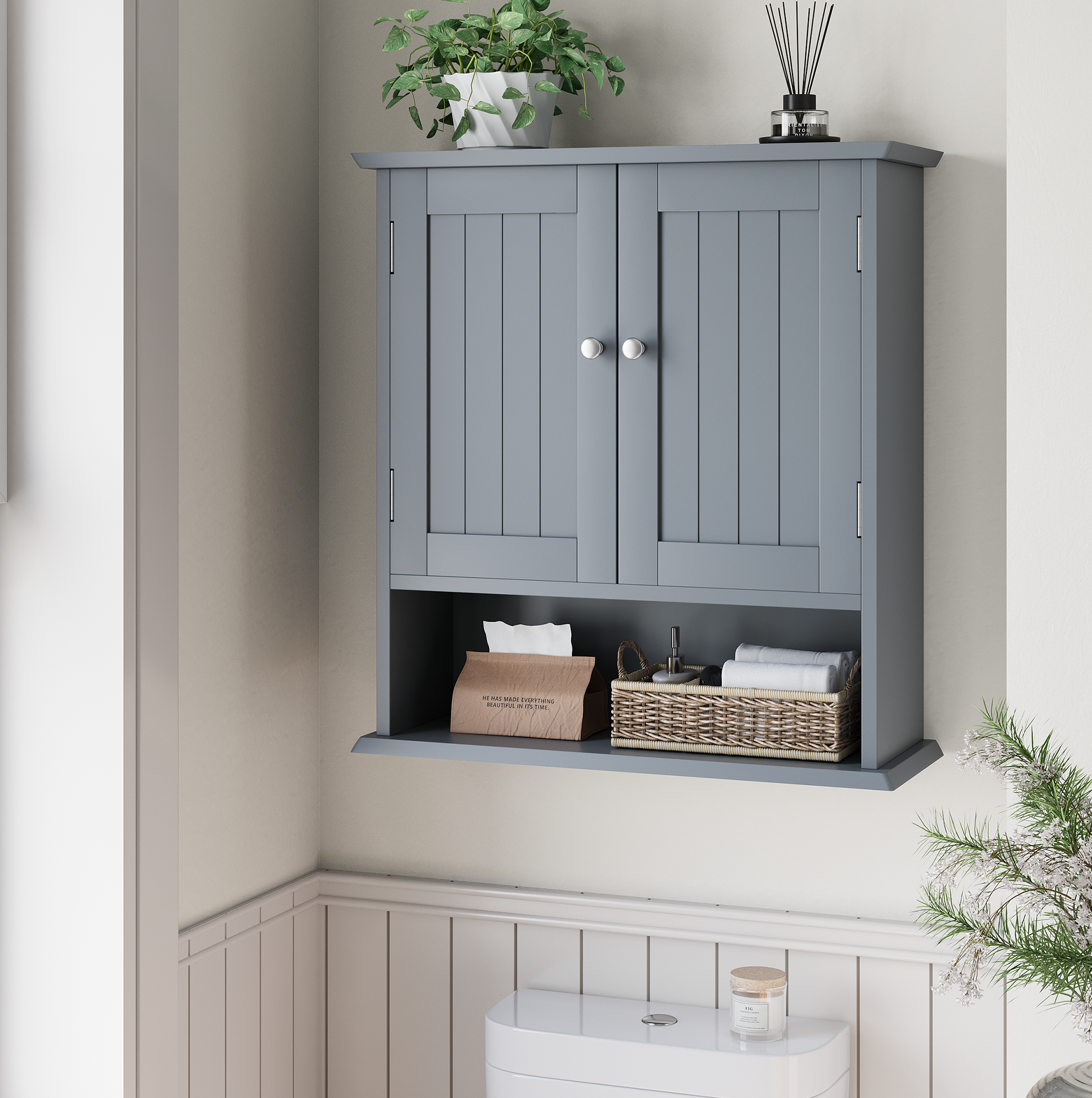 Badezimmerschrank (54.6x19.8x60 Cm), Mit 5 Verstellbaren Fächern, Wandmontiert, Mdf, Hellgrau