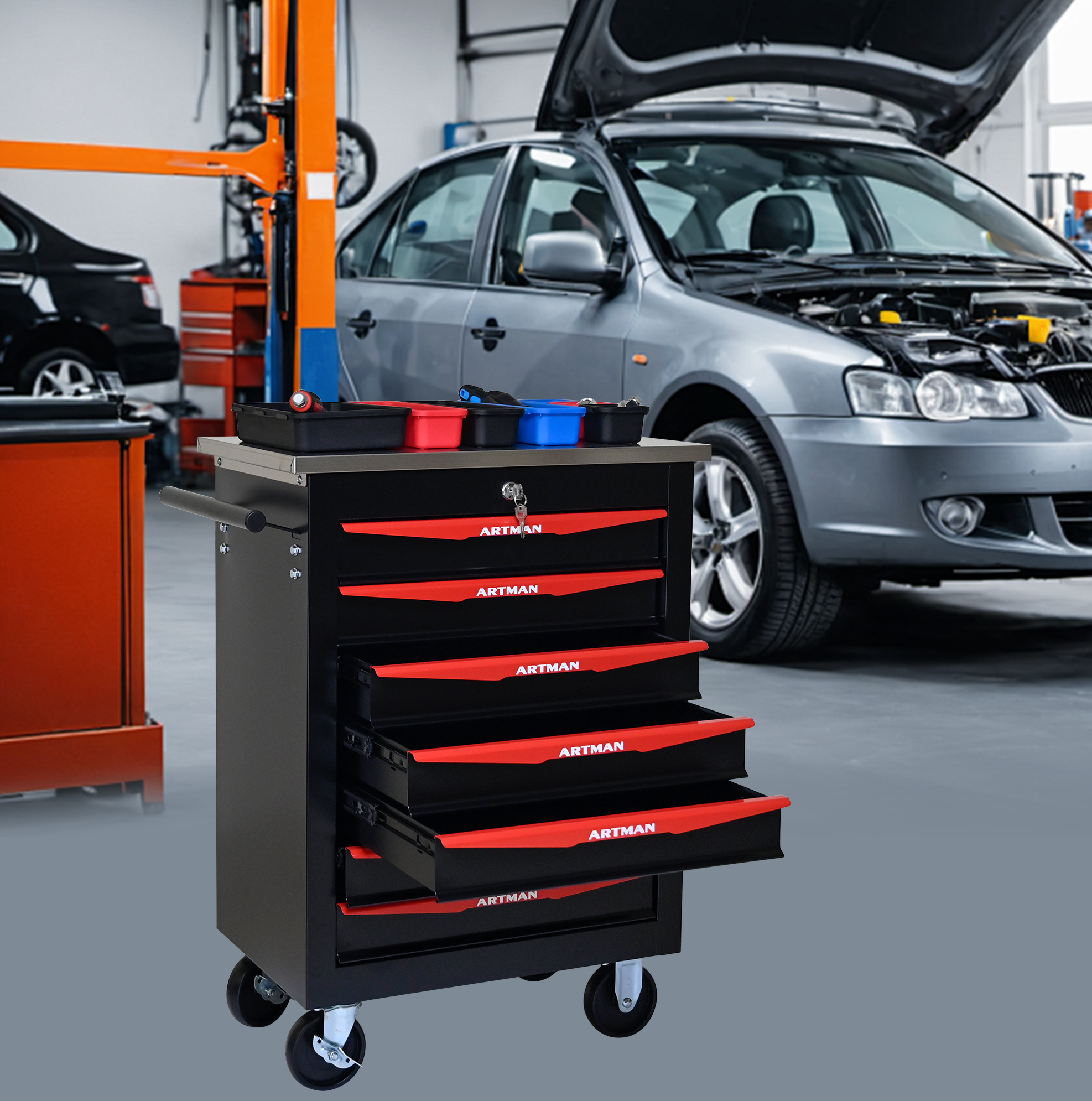 Werkstattwagen Mit 7 Schubladen (59.2 X 39.0 X 72.8 Cm), Abschließbar, Mit Rollen, Stahl, Schwarz Rot