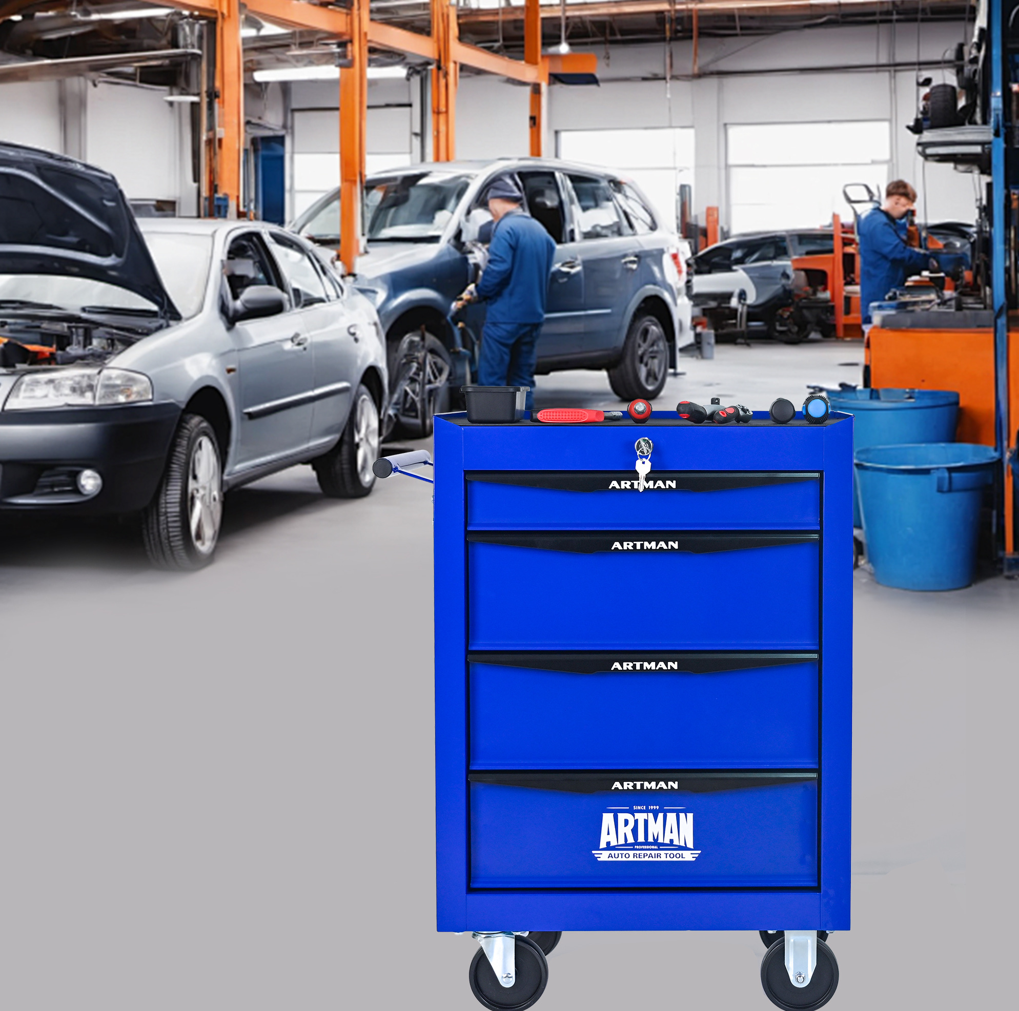 Werkzeugwagen (60x33x77.5 Cm), Mit 4 Schubladen, 4 Lenkrollen Und Feststellbremsen, Stahl, Schwarz Und Blau