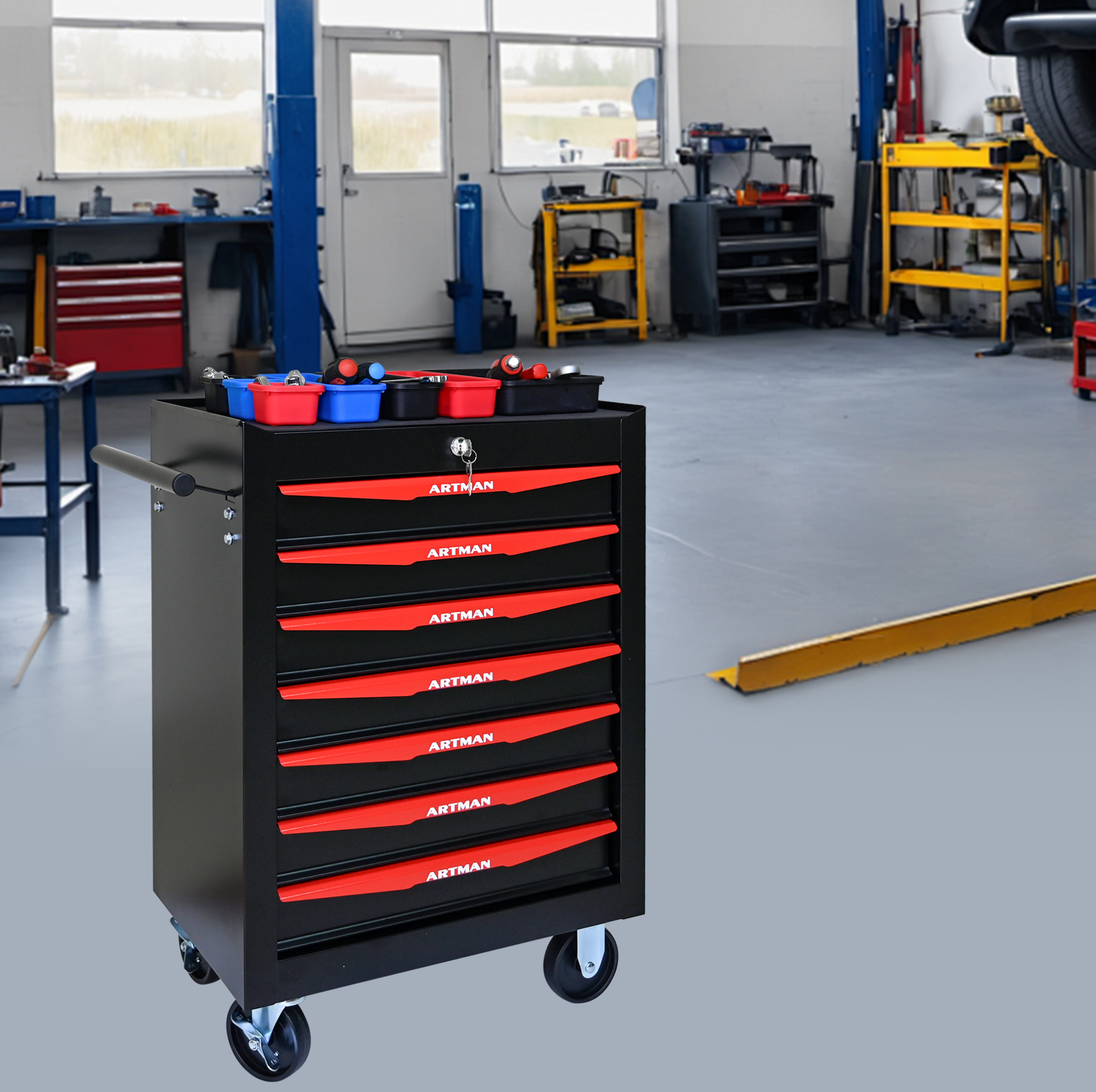 Werkzeugwagen Mit 7 Schubladen (60x33x77.5 Cm), Abschließbar, Mit Kugelgelagerten Schubladen, Stahl, Schwarz Rot